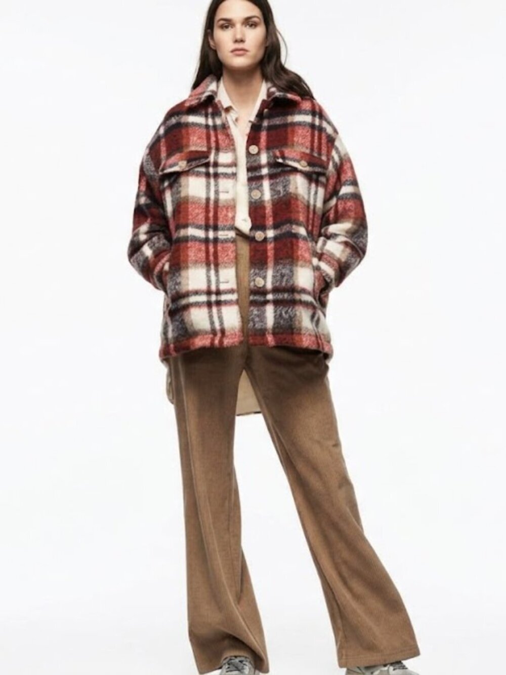 Zara Plaid Red Cream Faux-Wool Oversized Pea Coat Size Small Shacket